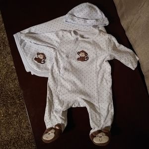 Baby Boy Layette 3 Piece Set, Light Blue w/ Monkey